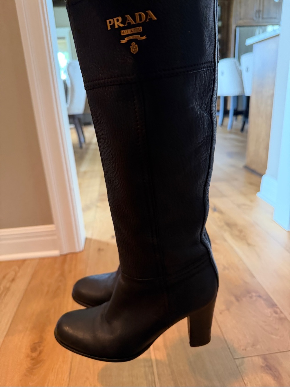 Prada Black Leather Knee-High Block Heel Boots with Gold Logo - Picture 7 of 11